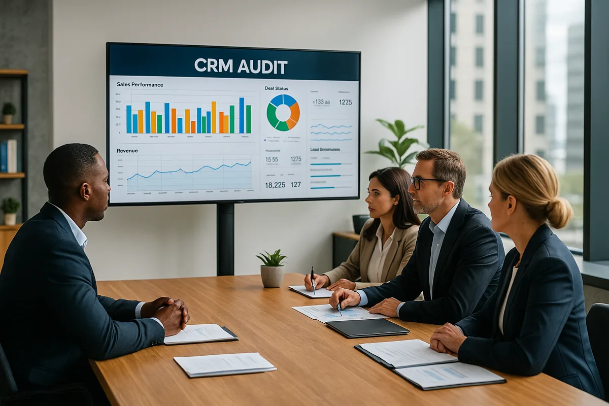 Business professionals reviewing a detailed CRM dashboard during an audit meeting in a modern office