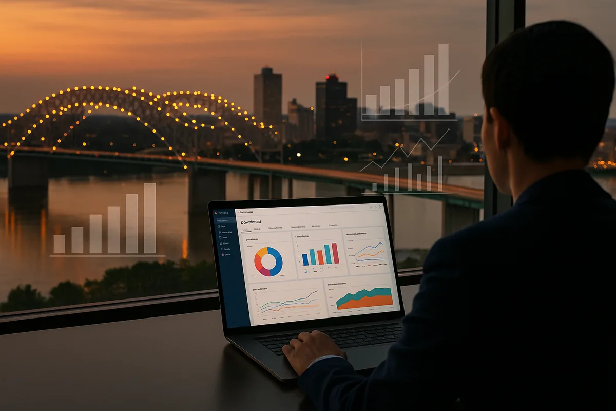 Memphis skyline at dusk blended with a business professional analyzing a HubSpot CRM dashboard, symbolizing Mid-South revenue operations.