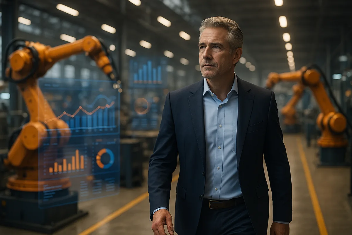 AI-enabled CEO reviewing business transformation dashboards and strategic growth metrics